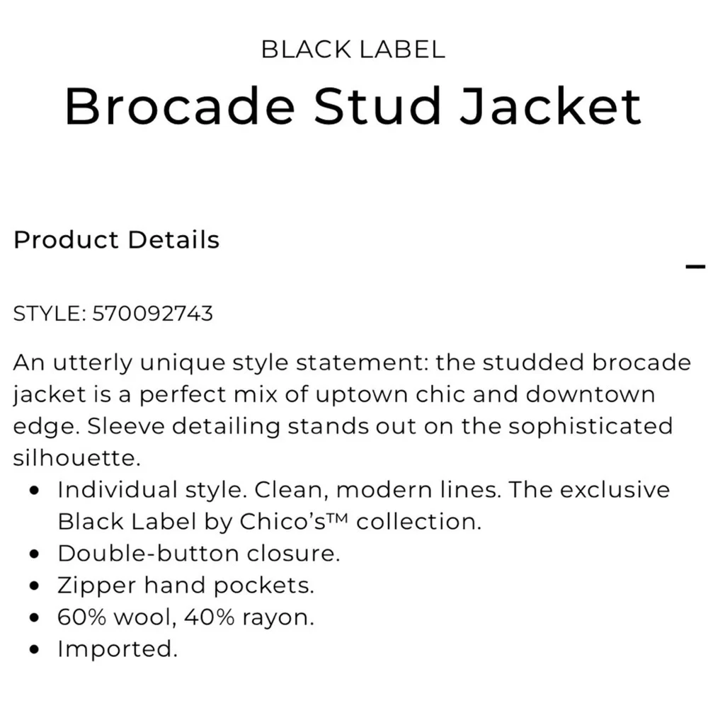 CHICOS BLACK LABEL BROCADE STUDDED VELVET WOOL BLEND 2 BUTTON JACKET